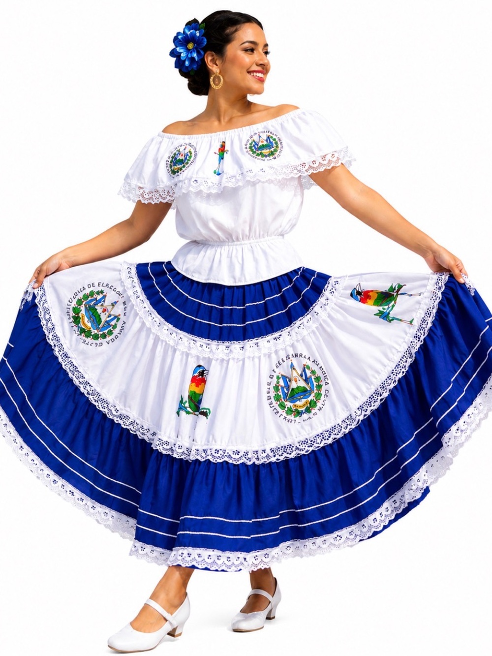 Traditional Off-Shoulder White and Royal Blue Women's Skirt Dress